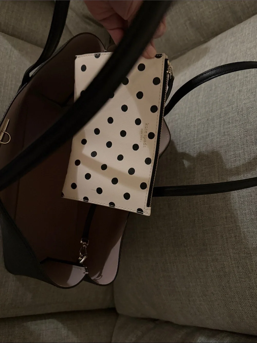 kate spade Black Tote with Light Pink Polka Dot Pouch